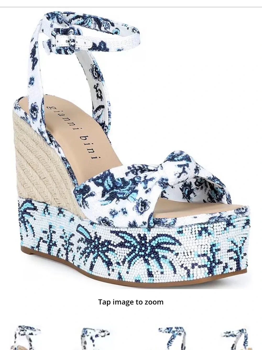 Gianni Bini White & Blue Palm-Print Beaded Espadrille Wedge